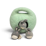 Lovevery bunnies in a felt burrow